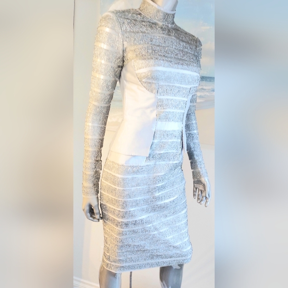 $1,600 BIBHU MOHAPATRA SILVER METALIC LONG SLEEVE RUNWAY DRESS US 2 - Picture 7 of 13